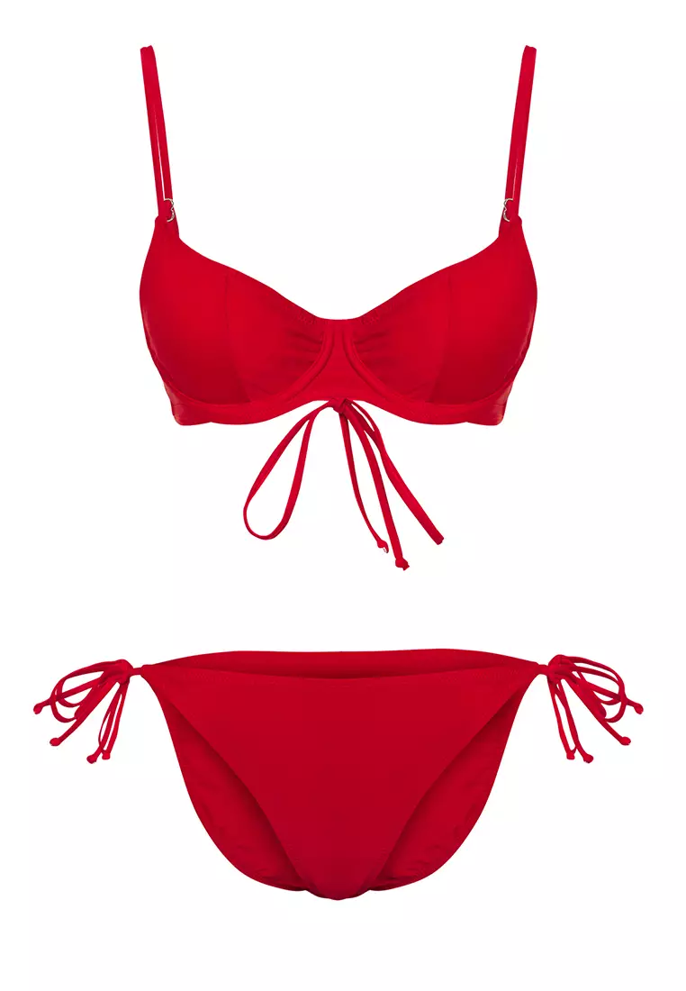 Red Balcony Tied Regular Bikini Set