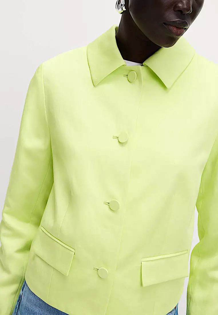 Linen Blend Sheen Single Breasted Cropped Jacket