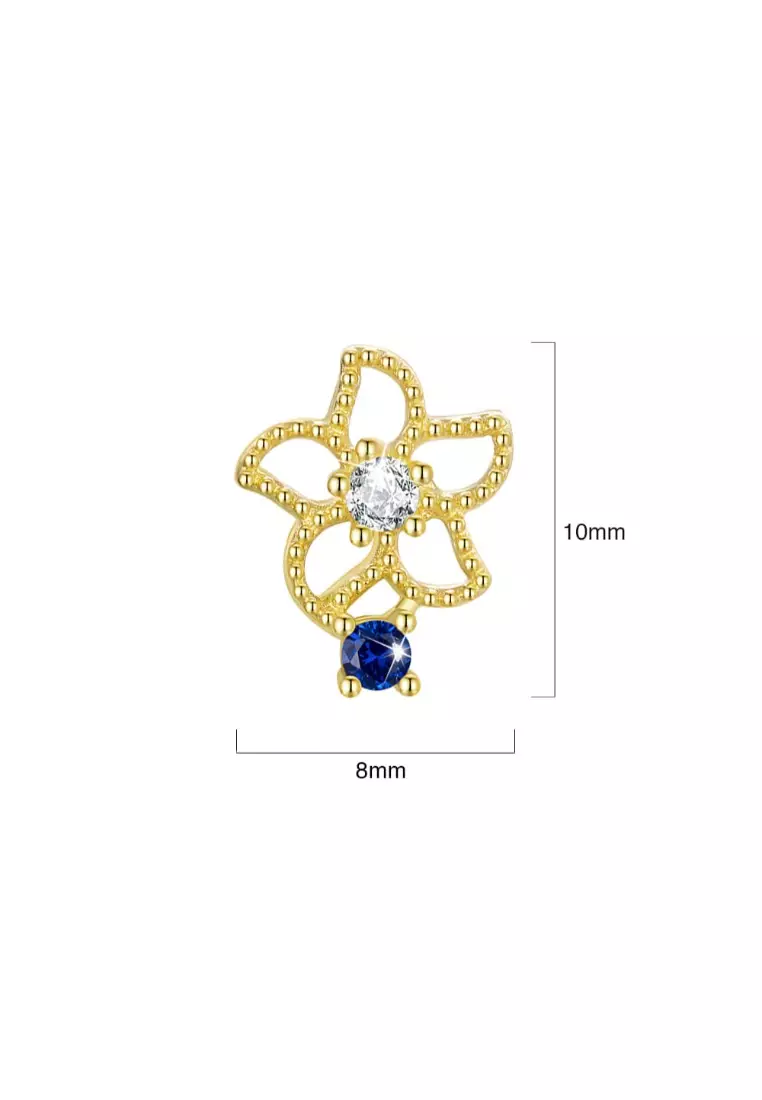 Solid Silver Mono Blue Flower Earrings In Gold
