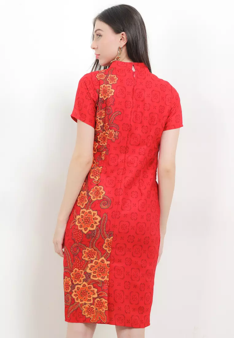 Mini Dress Bodycon Atasan Batik Wanita Furing Jiazhen Red