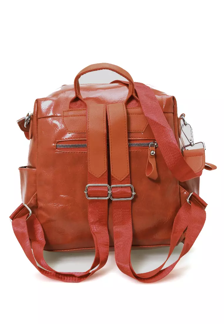 Afra Tas Ransel Wanita Large Compartment Backpack Desain Polos with Key Chain Material Leather ORIGINAL - Brown