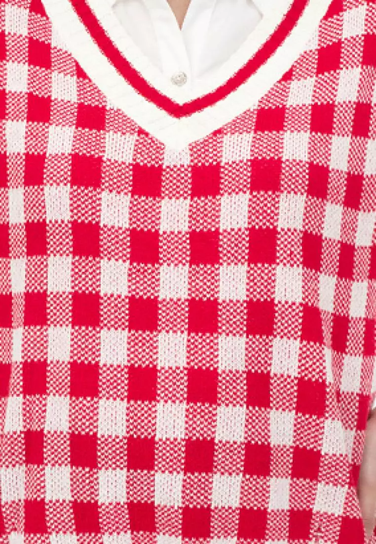 Big Checker Knit Vest in Red