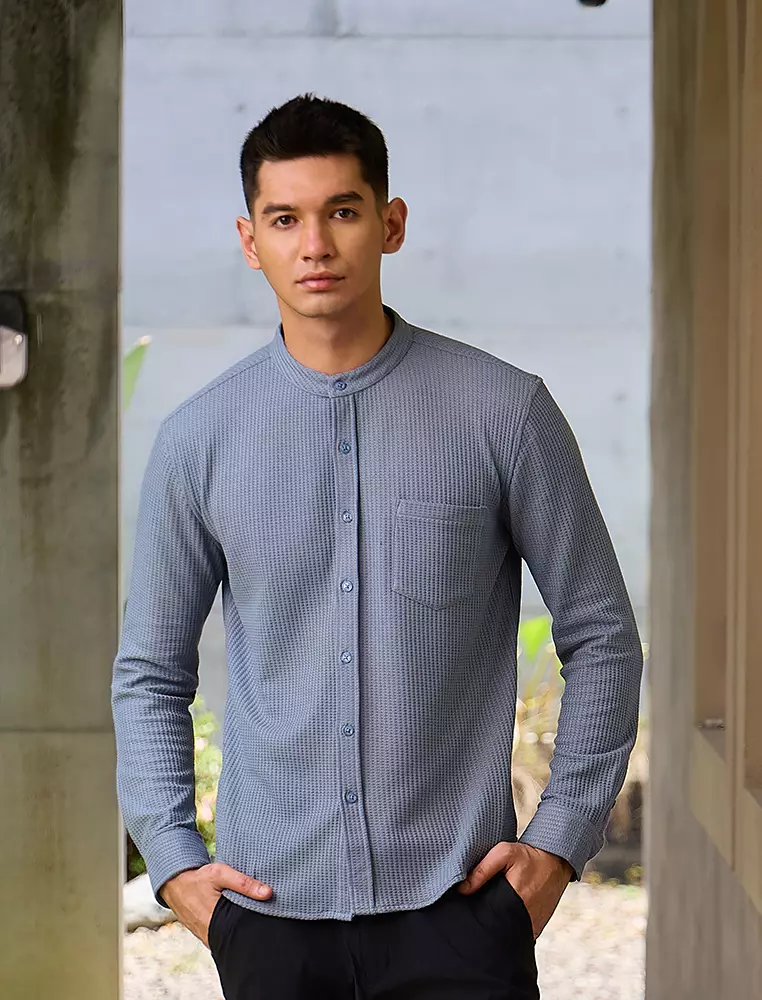 OXCON kemeja Tangan Panjang Waffle Kerah Collarless Blue Grey