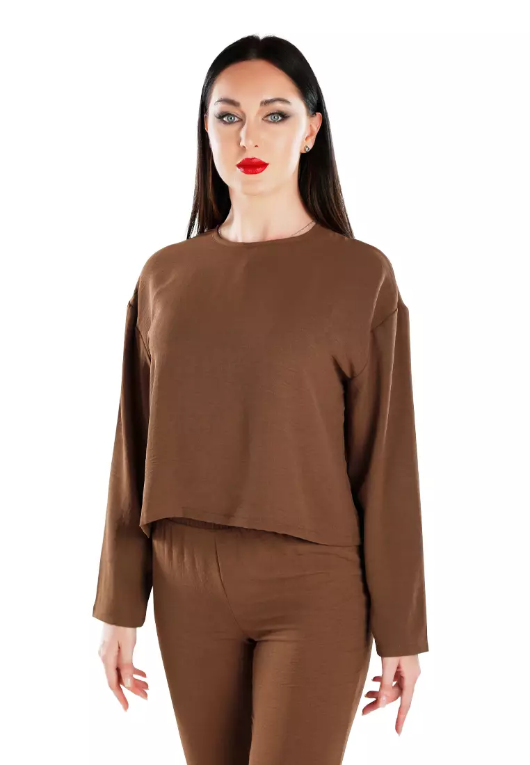 Brown Full Sleeves Top & Fitted Full Pants Coord Set