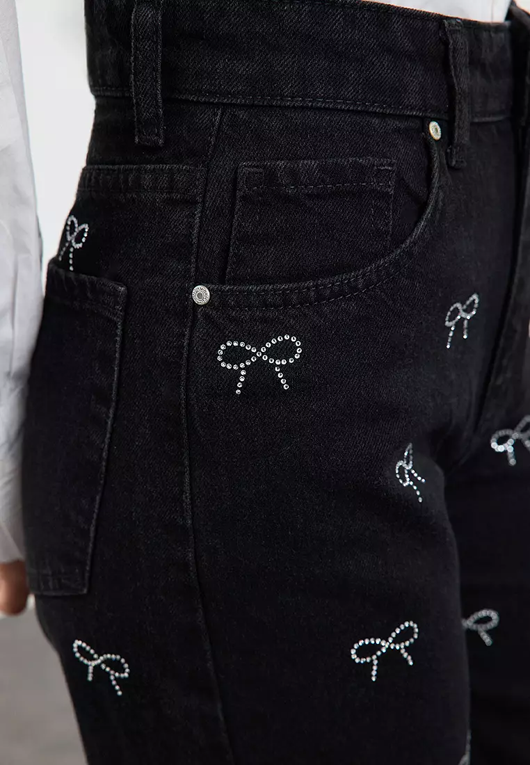 Black Bow/Ribbon Detailed Stoned High Waist Wide Leg Jeans