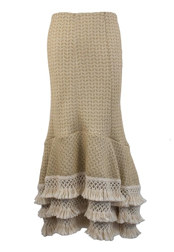 3.1 PHILLIP LIM beige PRE-LOVED PRE-LOVED  3.1 PHILLIP LIM  BEIGE TEXTURED MAXI SKIRT WITH LAYERED FISHTAIL AND OFF WHITE FRINGED MULTI HEMLINE 33BECAA841513BGS_1