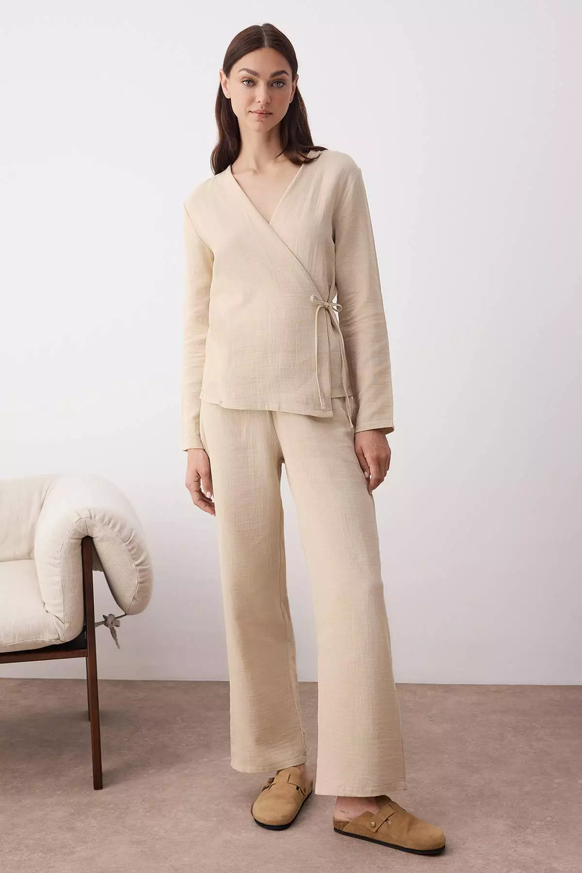 Beige 100% Cotton Tie Detailed Double Breasted Collar Muslin Woven Pajama Set Thmaw26Pt00022