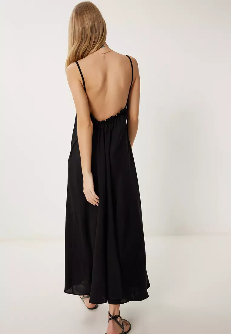 Women's Black Strap Summer Long Viscose Dress Fg00024