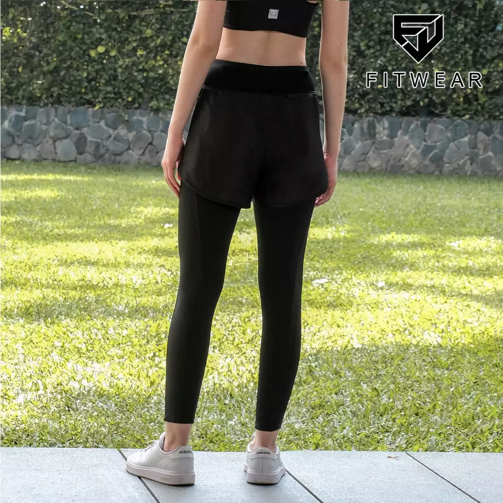 Fitwear - Celana Pendek + Legging Olahraga Wanita Big Size CINDY CROSS WAIST - BLACK