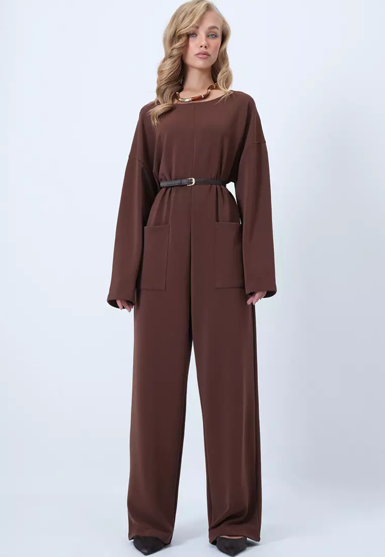 Crew Neck Back Zippered Relaxed Cut Jumpsuit