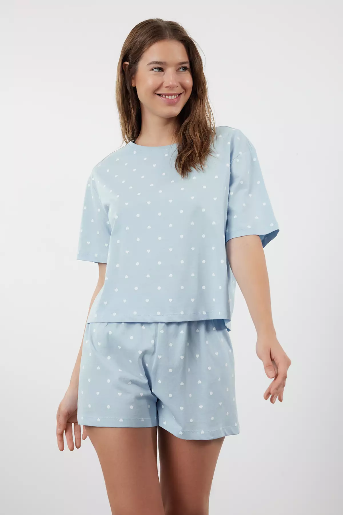 Blue 100% Cotton Polka Dot and Heart Shorts Knitted Pajama Set THMSS21PT1485