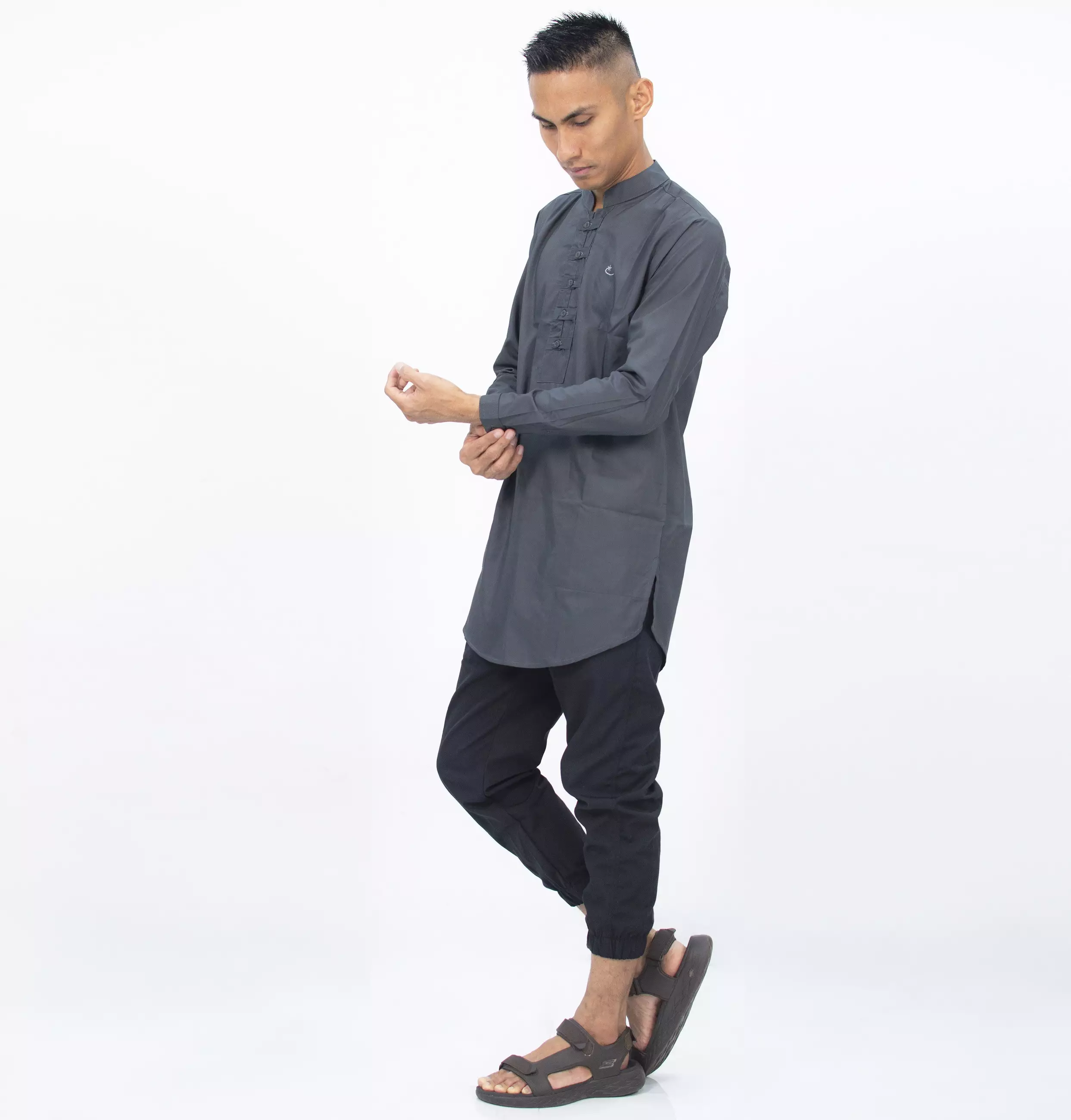 SHAMS Baju Lebaran Baju Koko Lengan Panjang Kemeja Koko Lengan Panjang - ABU TUA