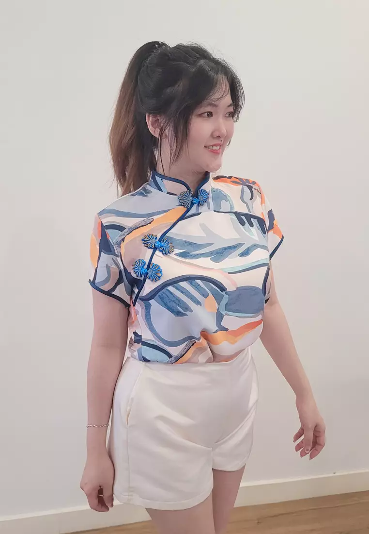 Ivory Cheongsam Cap Sleeves Top Orange White Printed Batik
