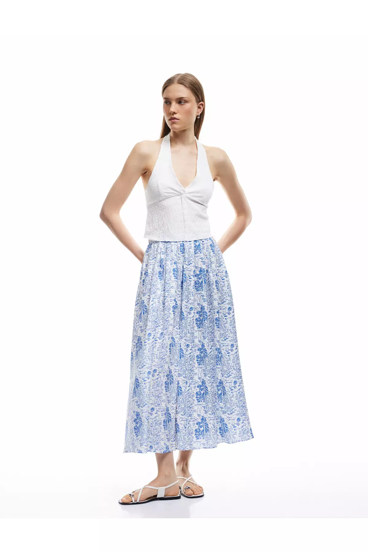 Viscose Fabric Slit Landscape Themed Printed Pleated Midi Flared Skirt
