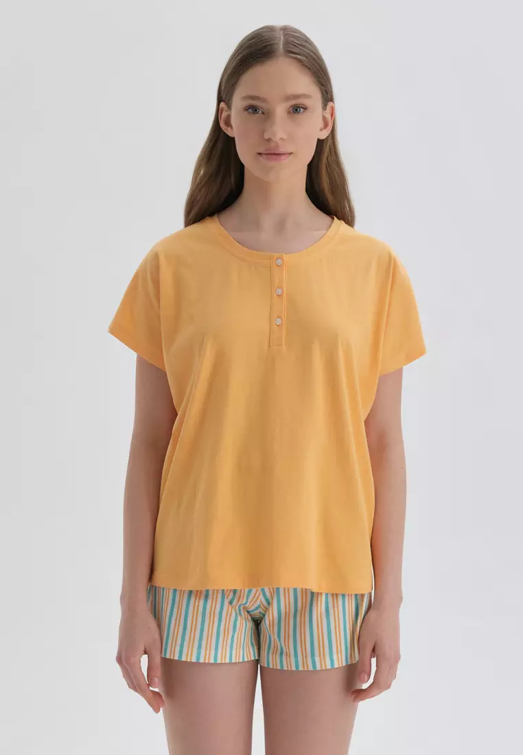 Orange Short Pyjama Set, Striped, U-Neck, Regular Fit, Short Sleeve Homewear And Sleepwear for Women