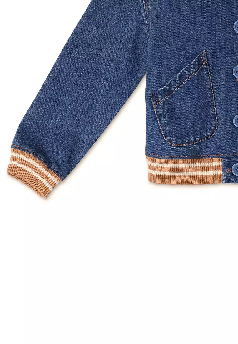 Girls Sailor Ribbed Collar Denim Jacket With Stripey Ribbed Cuffs And Hem
