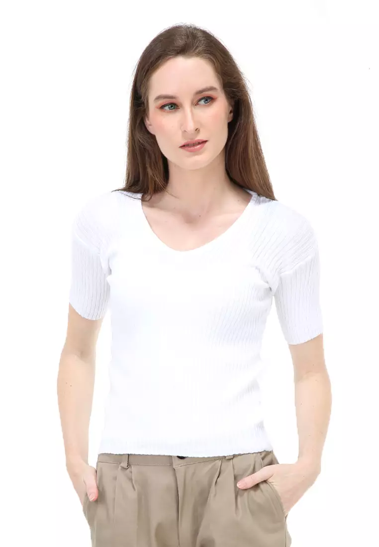 Amora Vneck Rajut Short Sleeves Atasan Casual Wanita - White