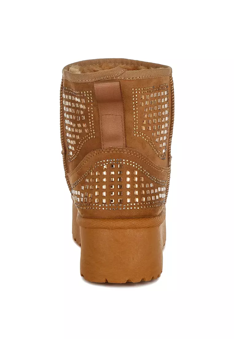 Chunky Rhinestones Ankle Boots in Tan
