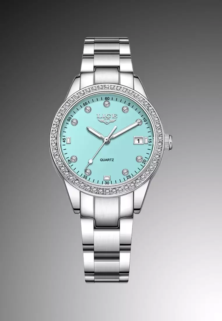 Ladies Light Weight Alloy Quartz Watch with Date, 34mm , Paved with Crystals, Turquoise Color Dial, Stainless Steel Bracelet