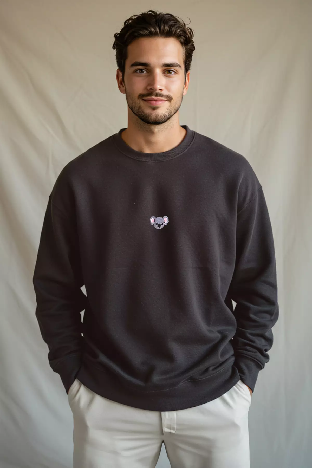 Anthracite Crew Neck Oversize/Wide Cut Polar Fleece Inside Penguin Embroidery Sweatshirt