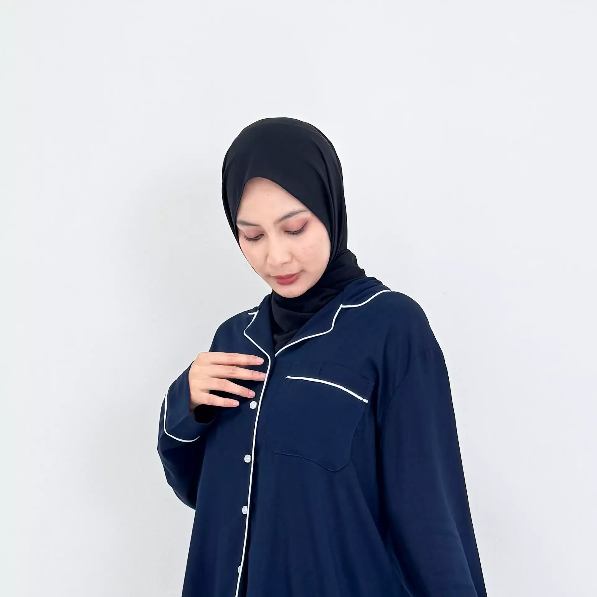 Pyjama Cotton Basic [NAVY] SIZE M-XXL Baju Tidur Long Sleeve Long Pants Sleepwear