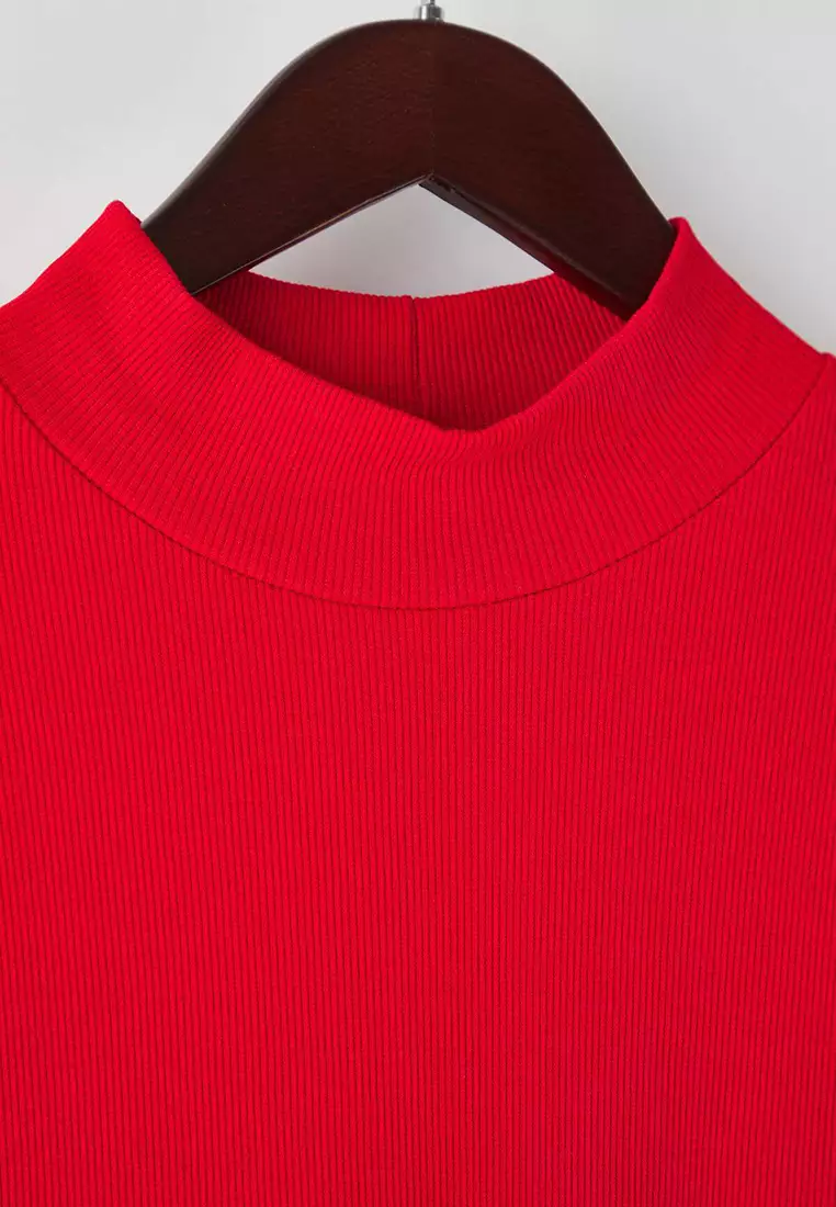 Red Stand Collar Bodycone/Fits The Body Ribbed Knit Plus Size Blouse