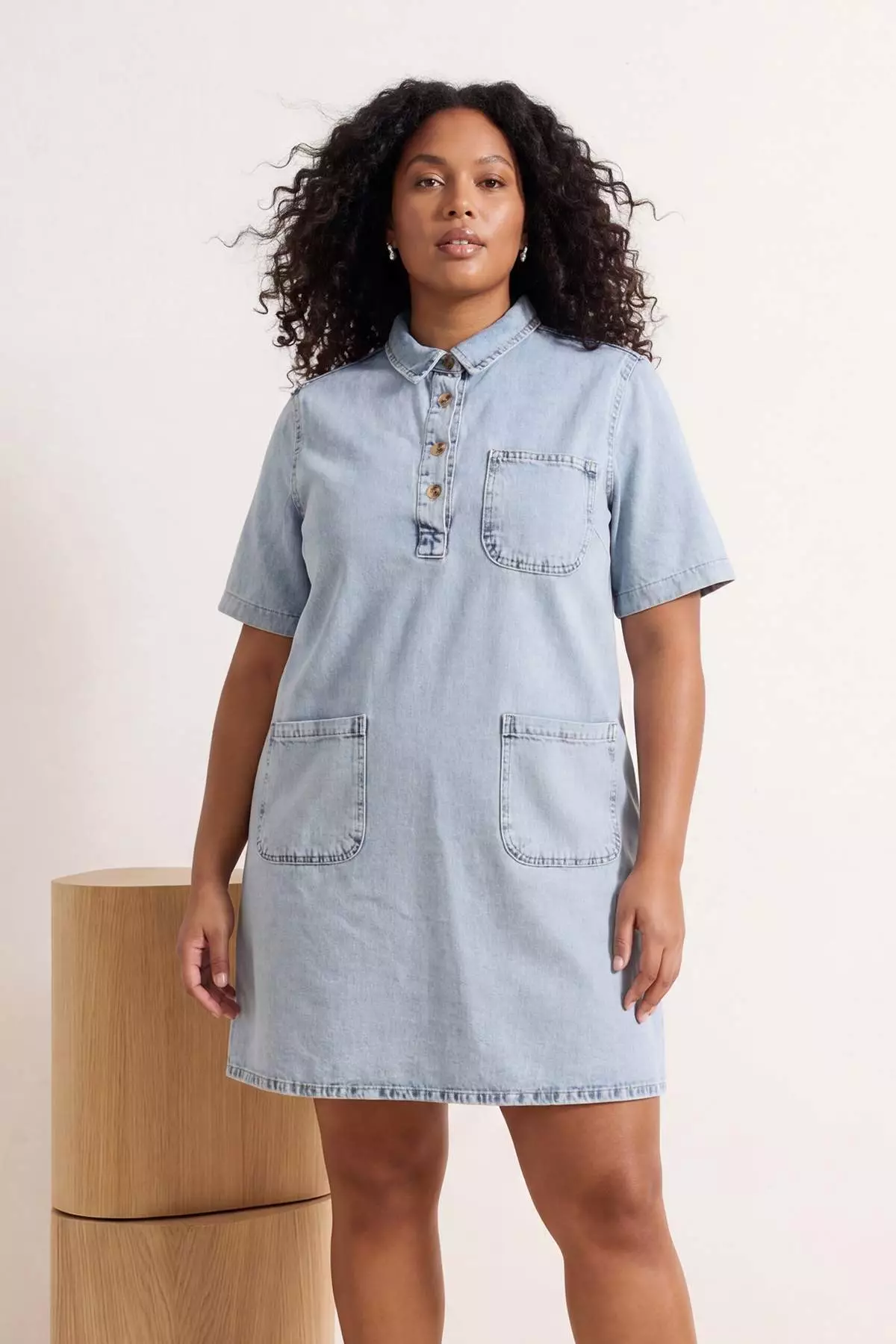 Blue Pocket Detail Oversized Mini Plus Size Denim Shirt Dress Tbbss26Ah00162
