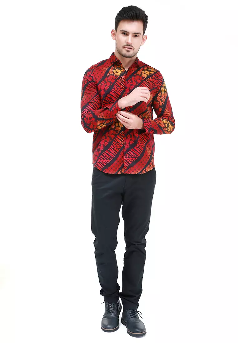 Dwan Kemeja Batik Pria Light Tops Atasan Formal Longsleeve Shirt Material Cotton ORIGINAL - Red