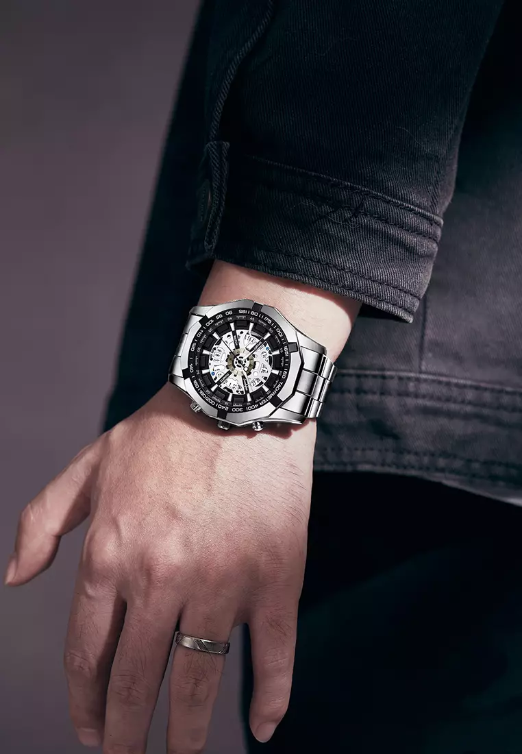 Jam Tangan Pria Original Calendar Luxury Bisnis Tali Stainless Steel Jam Tangan Cowok 9096 silverblack