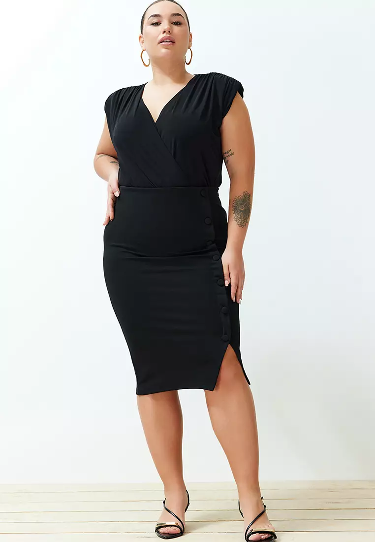 Plus Size Button Midi Skirt