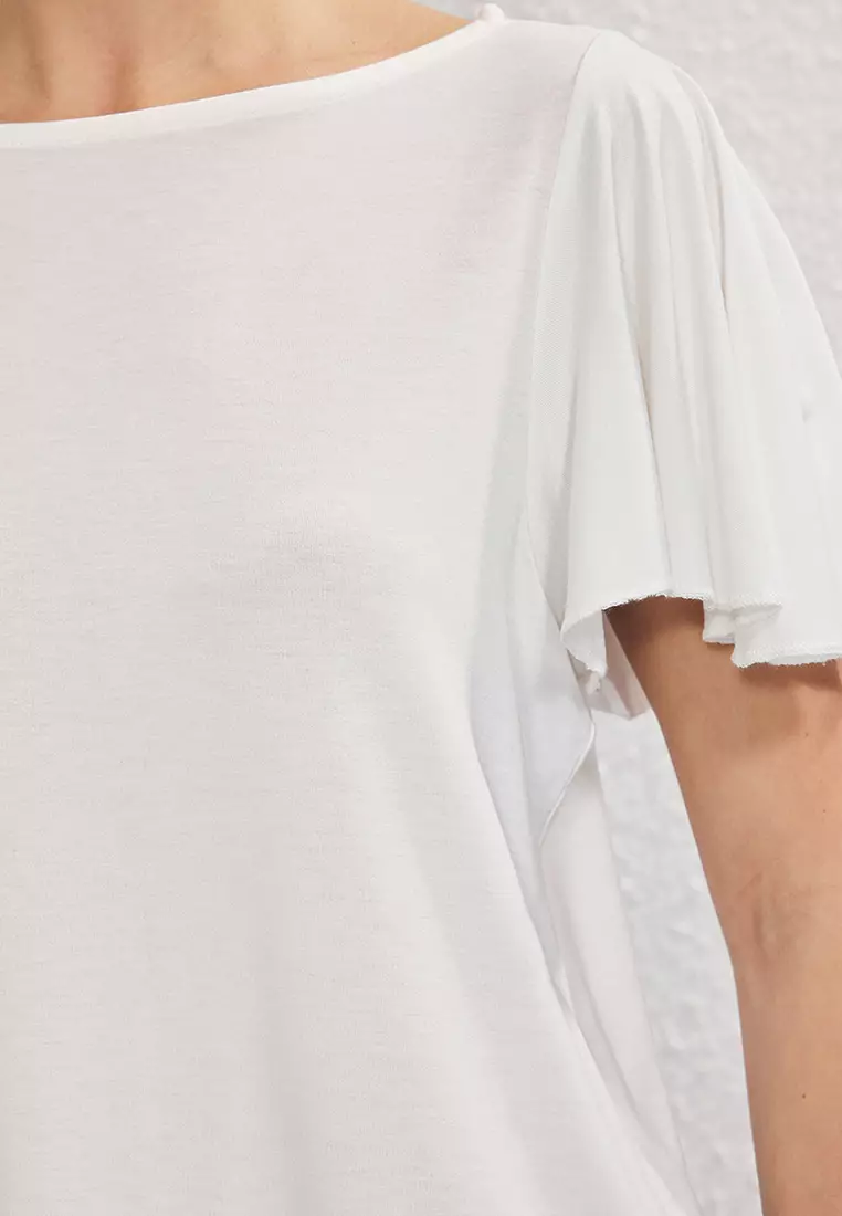 Ecru Viscose Contents Handles Ruffled Flowy Knitted Blouse TWOSS25BZ00516