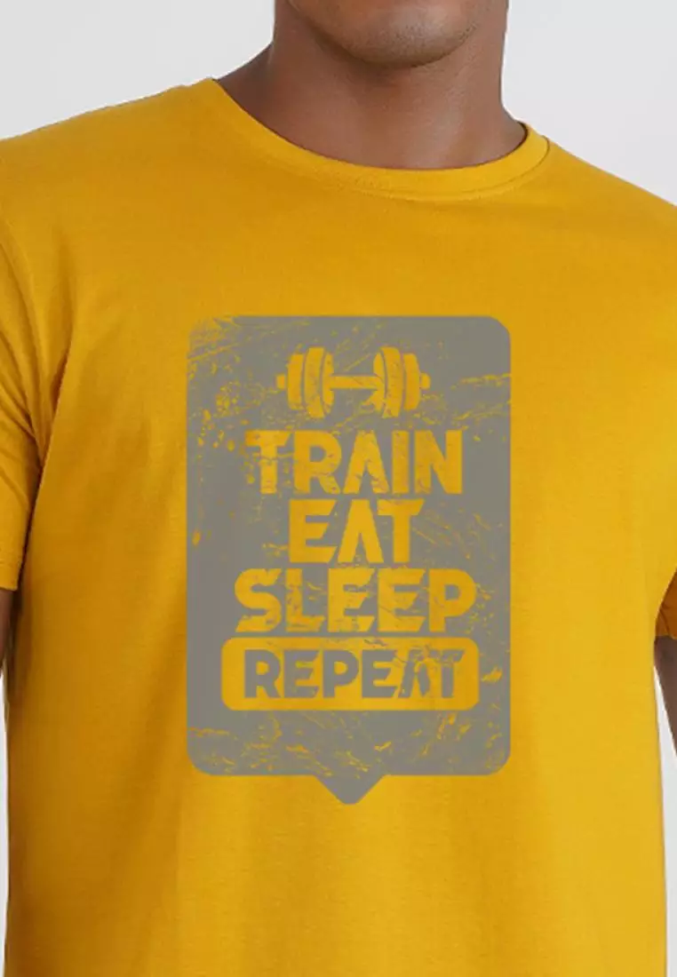 Train Eat Sleep Yellow Cotton Short Sleeve Crew Neck Workout/Training Tee