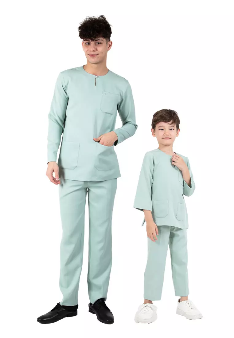 Alain Delon Slim Fit Baju Johor Ayah Anak Sedondon set - 19024504B-45DustyGreen