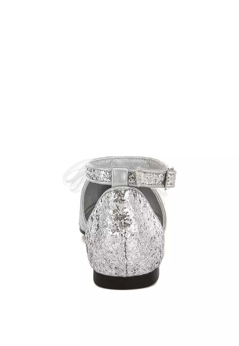 Sheer Bow Detail Glitter Flat Sandals in Silver