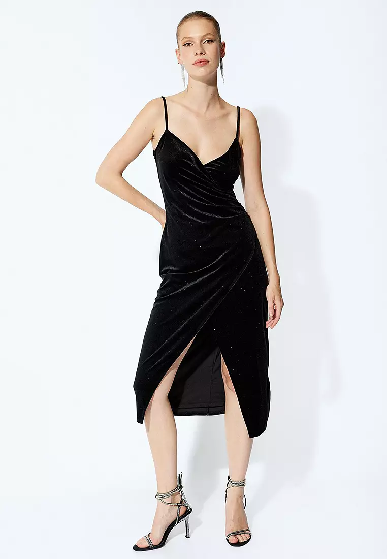 Velvet Dress Glittery Midi Length Slit Detailed Straped V Neck Draped