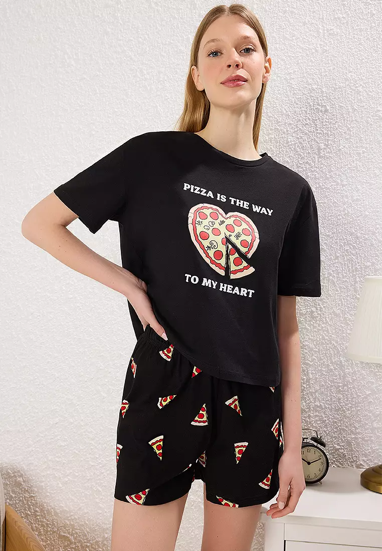 Couple Black Pizza Patterned Shorts Knitted Pajama Set