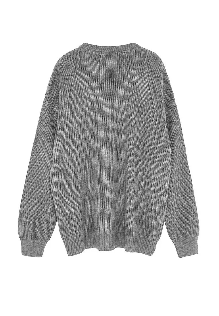 Men's Oversize Gray Knitwear Sweater - Crew Neck, Plus Size Tmnaw24An00001