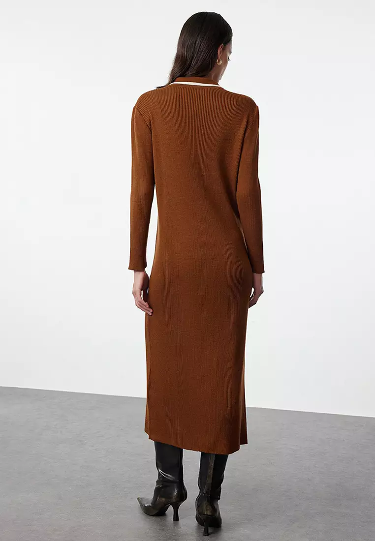 Brown Polo Button-Down Collared Knitted Dress Tctaw25Eb00044