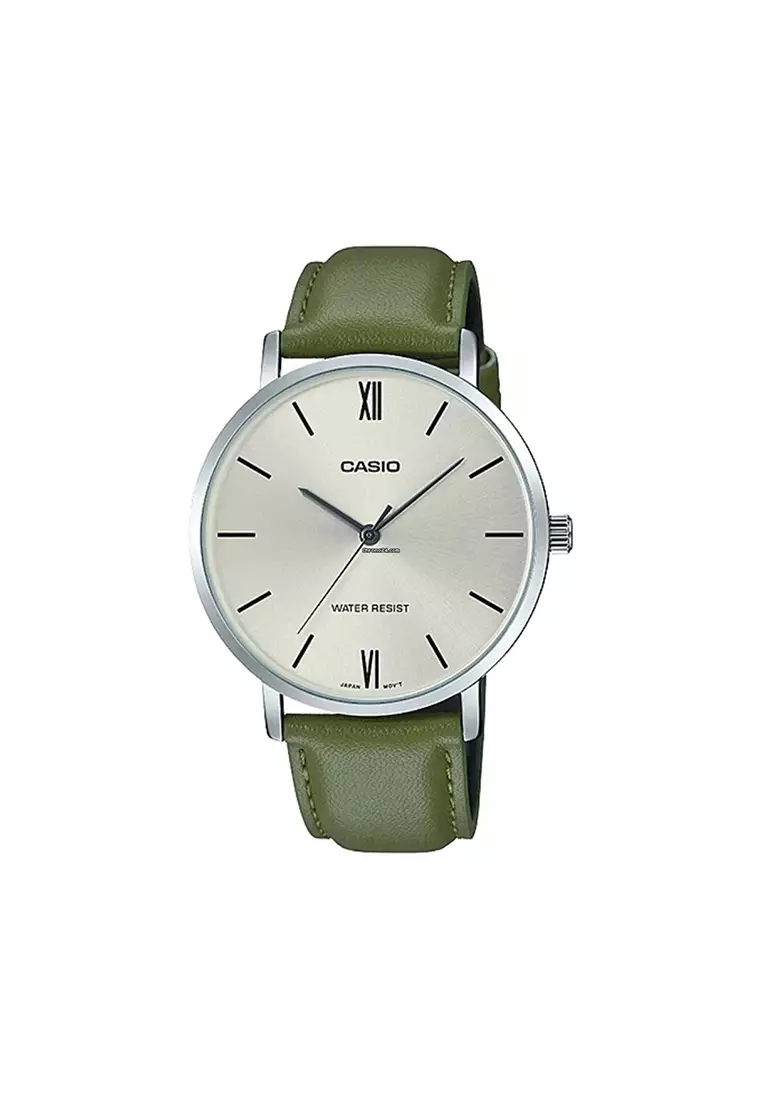 Men's Analog Watch MTP-VT01L-3B Army Green Leather Band Casual Watch