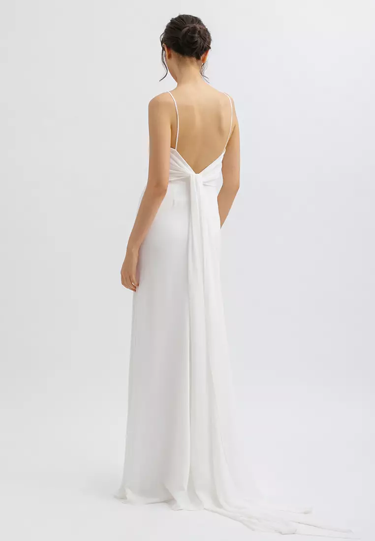 V Neck Backless Tied Maxi Dress in White
