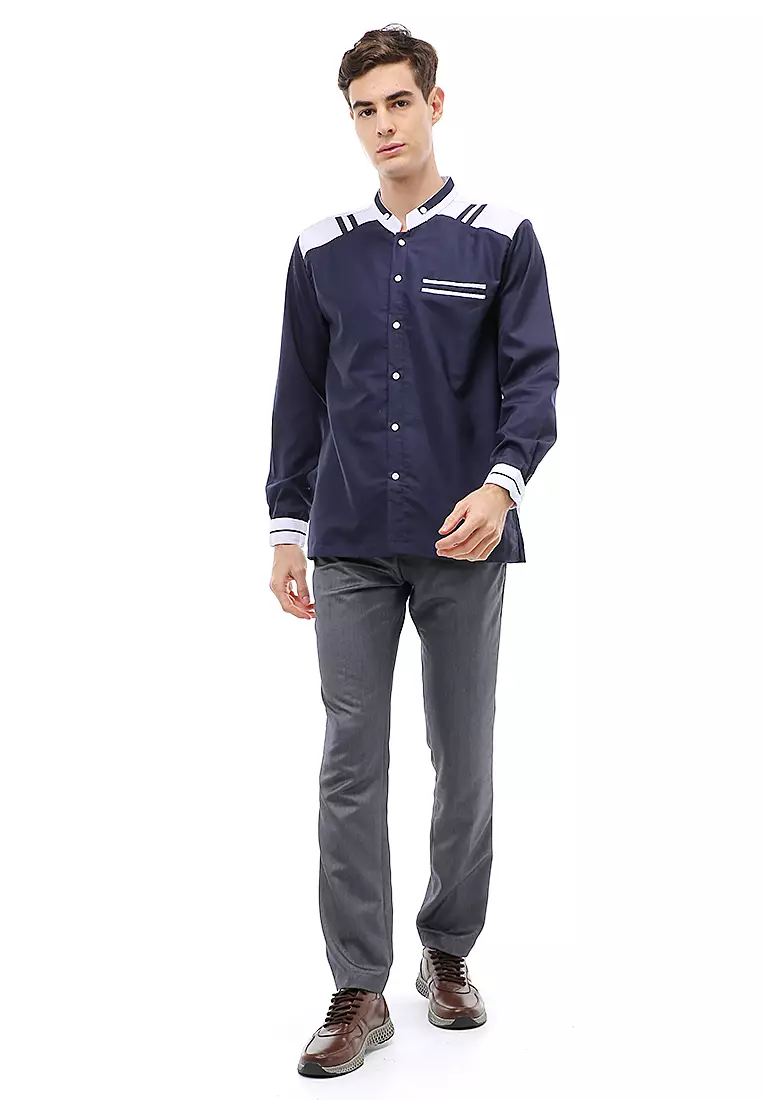 Dwan Atasan Formal Pria Kemeja Koko Long Sleeve List Bahu Material Cotton ORIGINAL - Navy