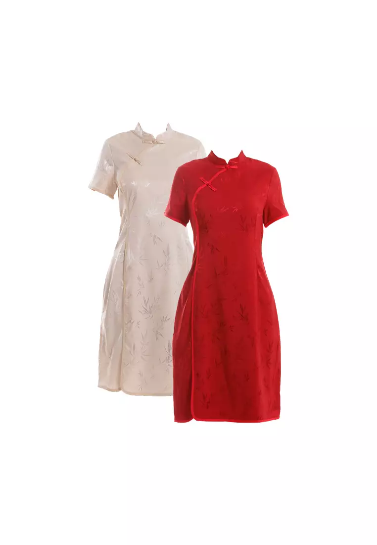 Forest Girls CNY Cheongsam Jacquard Short Sleeve Dress - FK885088-50DarkRed