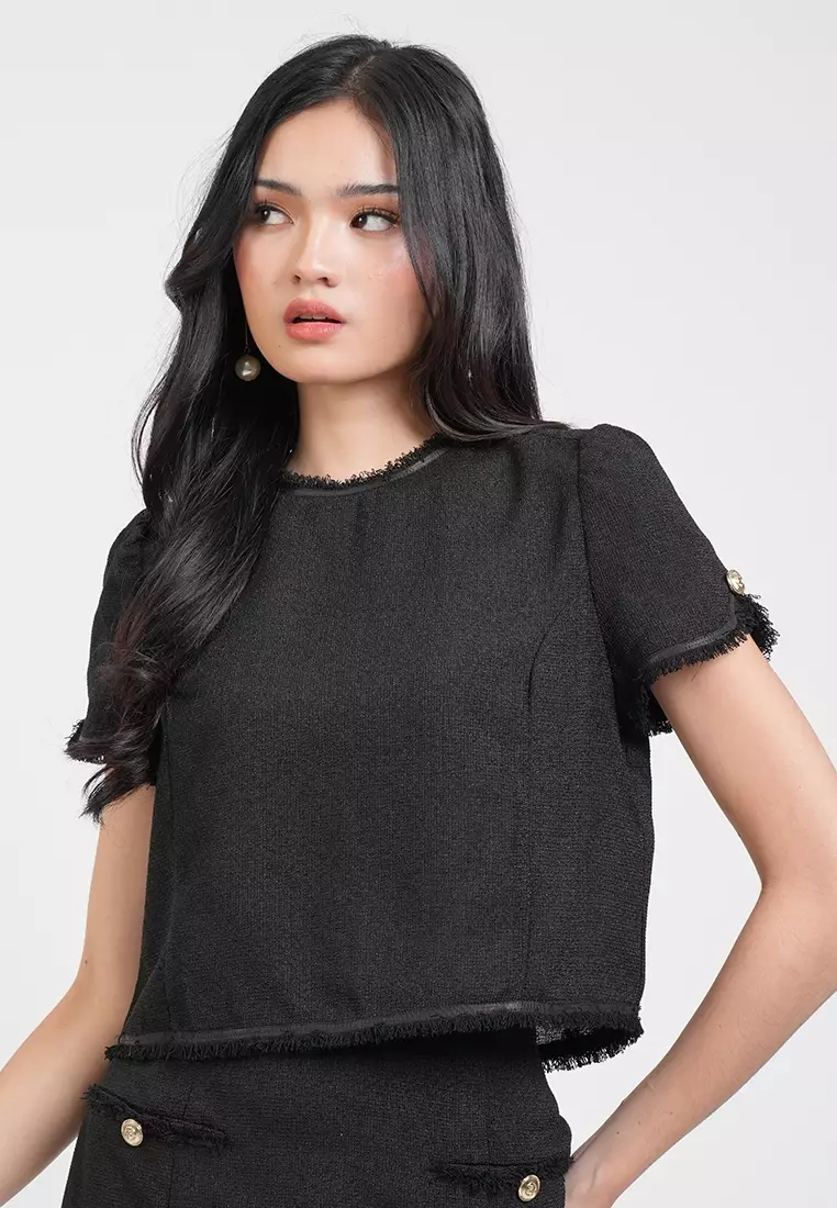 Solene Textured Tweed Shell Cropped Top