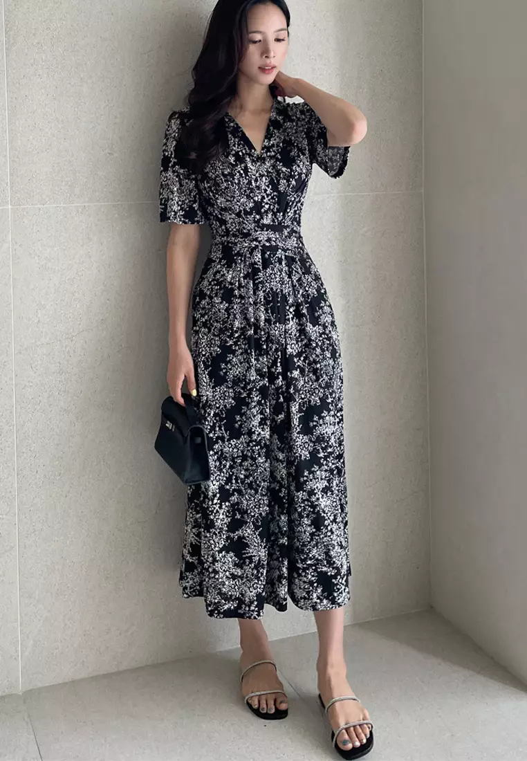 French style ink printed lace up dress CA25032714BK