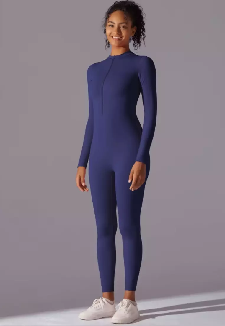 SculptaSuit Women’s Full-Length Sporty Jumpsuit – Stretchy Nylon Spandex Activewear No Bra Padding Yoga & Gym Bodysuit