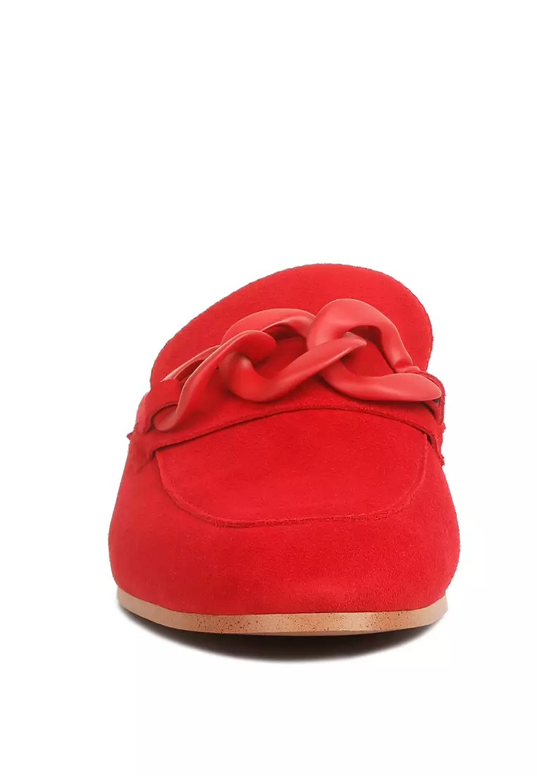 Buy RAG CO Red Chunky Chain Suede Slip On Loafers 2024 Online