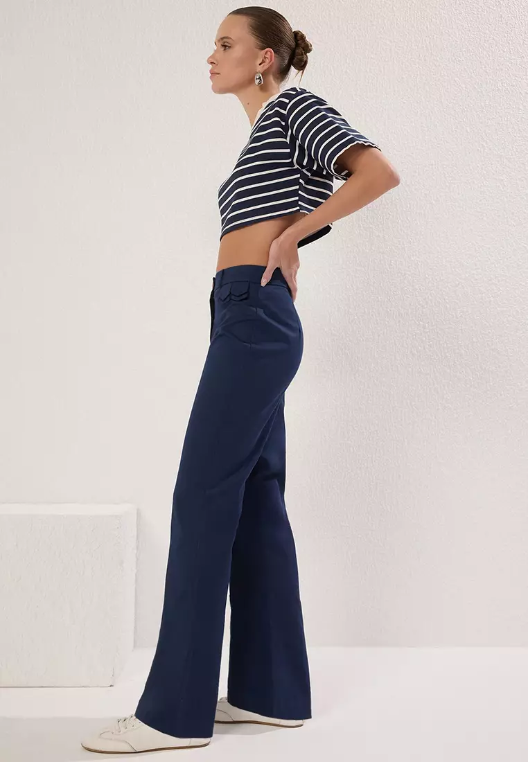 Navy Blue Faux Pocket Flap Cotton Bootcut Trousers TWOSS25PL00077