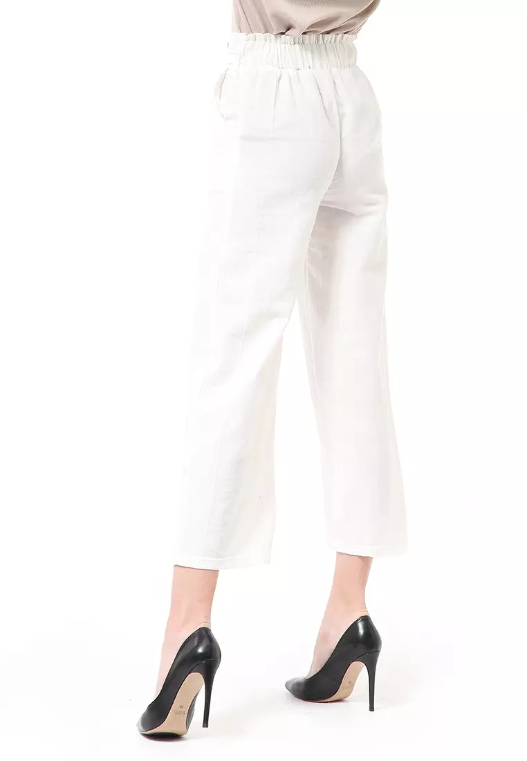 Stella Casual Long Pants Wanita Celana Kulot Highwaist Double Botton Material Linen ORIGINAL - Broken White