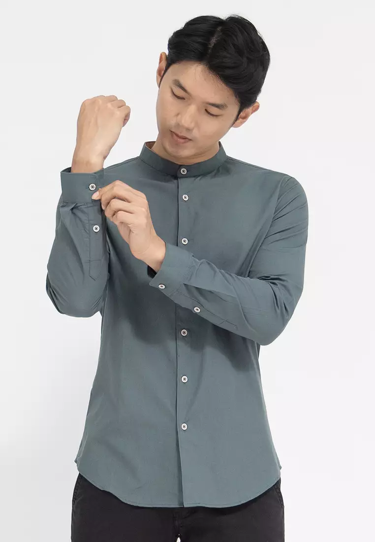 Kemeja tangan panjang Collarless koko cotton oxcon green