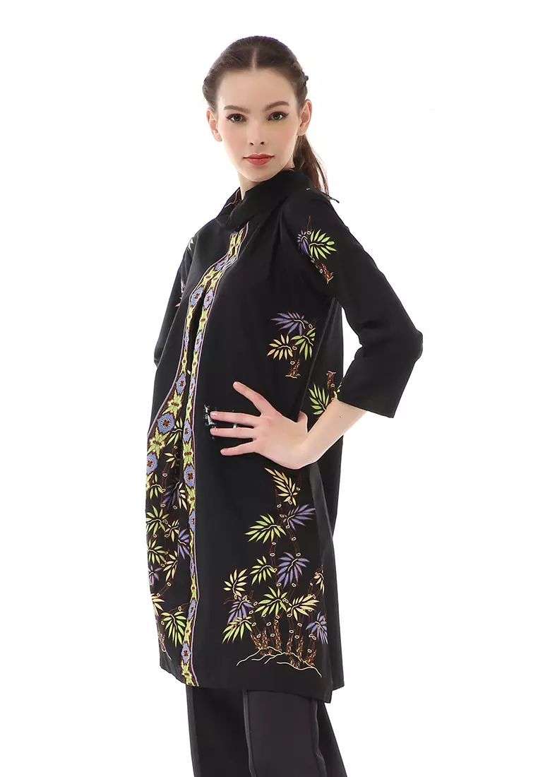 Olaf Atasan Batik Wanita Tunik Traditional Motive Desain Belah Tengah Material Cotton ORIGINAL - Black Blue